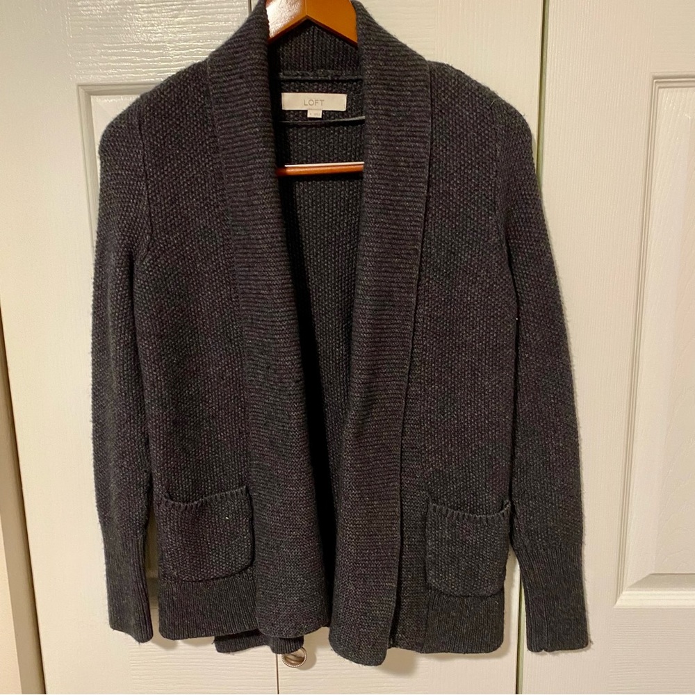 Ann Taylor LOFT Gray Textured Wool Blend Open Front Cardigan Size S